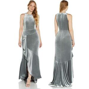 Adrianna Papell Velvet Cascade Gown Size 8 Silver Long Formal Holiday Dress NWT